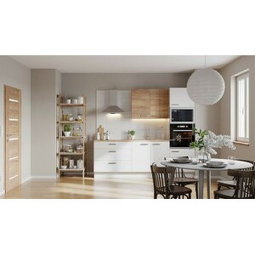 Kuchynská linka Naturel 240 cm lesk biela/dub so spotrebičmi Electrolux EASYBLOK20EL