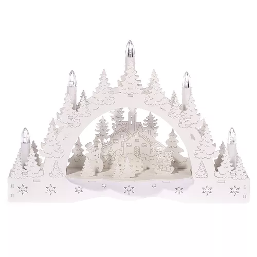 Vianočný LED svietnik Zimná krajina, kostol a kŕmidlo, 35 x 23 x 7,5 cm