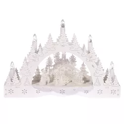 Vianočný LED svietnik Zimná krajina, kostol a kŕmidlo, 35 x 23 x 7,5 cm