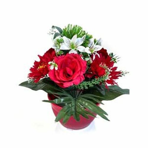 Umelá dekorácia s chryzantémou a ružou, červená, 32 cm