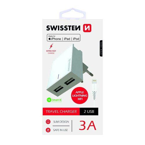 SWISSTEN Adaptér 230V/3A 2xUSB + MFI lightning kábel 1,2 m