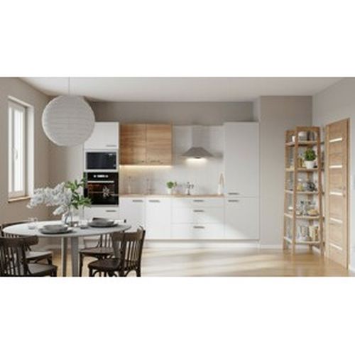 Kuchynská linka Naturel 300 cm lesk biela/dub so spotrebičmi Electrolux EASYBLOK23EL