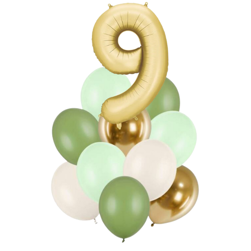Balónová kytica zelenej a zlatej farby s číslom 9
