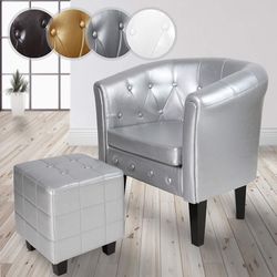 Klubové kreslo s taburetom Chesterfield, strieborné