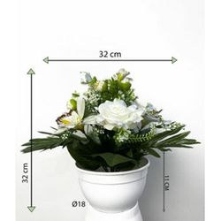 Dekorácia s umelou ružou a orchideou, biela, 32 cm
