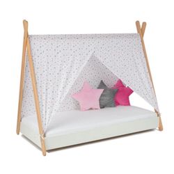 Detská posteľ TIPI so strieškou Farba: Biela / sivo - ružové hviezdičky