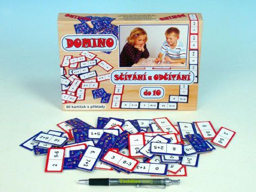 Domino sčítání a odčítání do 10 společenská hra 60ks v krabici 22x16x3cm