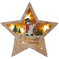 Drevená hviezda s motívom snehuliaka, 8 LED, teplá biela