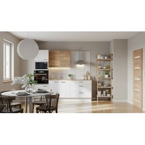 Kuchynská linka Naturel 240 cm lesk biela/dub so spotrebičmi Electrolux EASYBLOK19EL