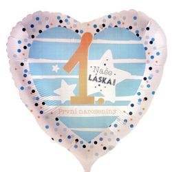 Balónik fóliový Srdce Naše láska 1. Narozeniny modrý 43 cm
