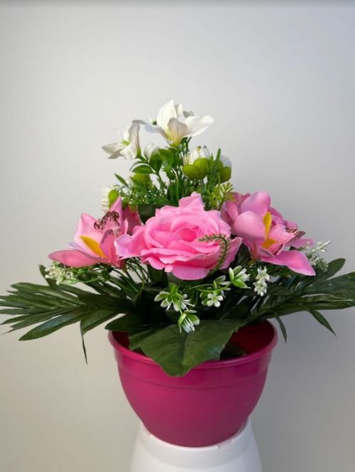 Dekorácia s umelou ružou a orchideou, svetlo- ružová, 32 cm